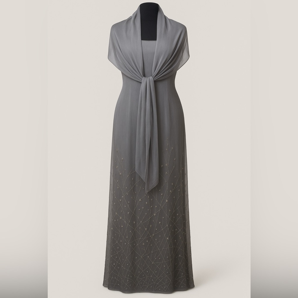 Jovani Gray Maxi Dress with Gold Accents